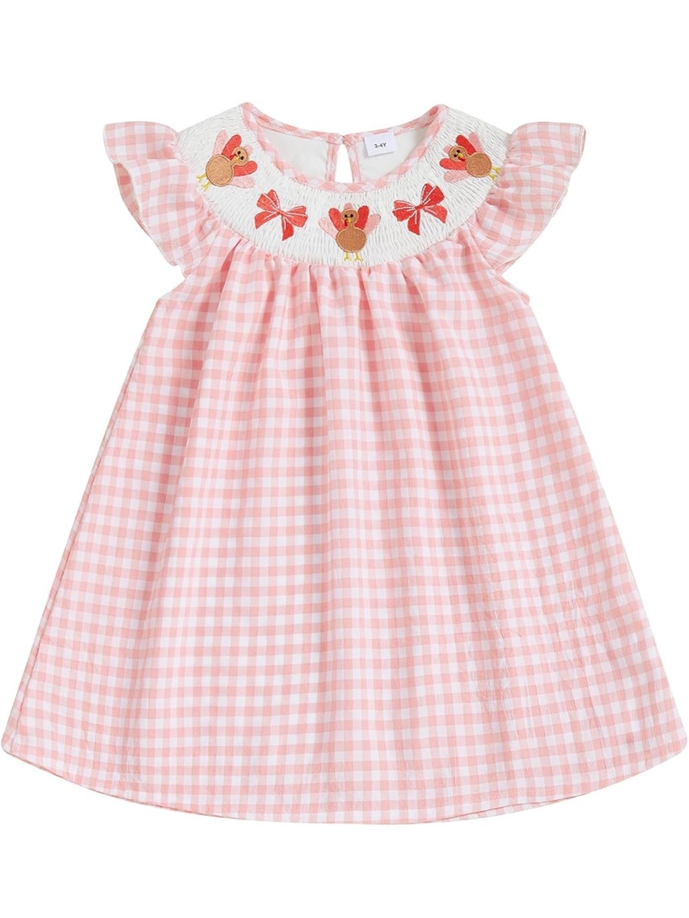 Toddler Girls Thanksgiving Smocked Turkey Embroidered Gingham Dress Size 3-4Y